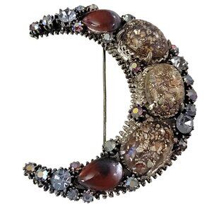 Silver Tone Pink Givre, Foil Glass Cabochon Crescent Moon Brooch K535